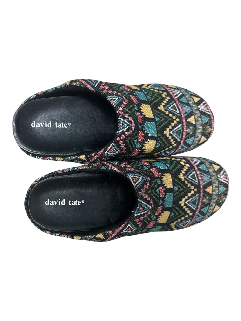 David Tate Black Slip-On Mules with Multicolor Geometric Weave